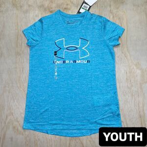 NEW GIRLS Under Armour Tech Big Logo Twist Short Sleeve Shirt LARGE Light Blue
